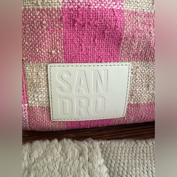 Sandro Paris Large Pink Cream Kasbah Tan Gold Check Gingham Tote Bag EUC $450 - Picture 2 of 11
